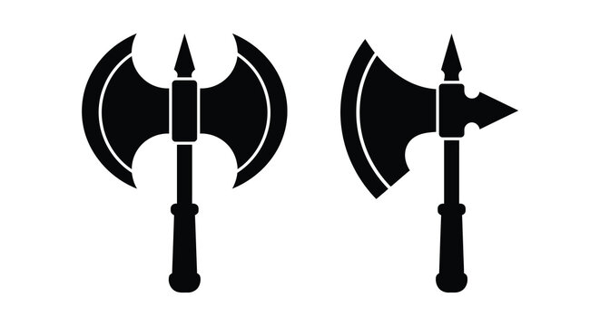 Two medieval battle axes in black silhouette historical weapon designs on a white background silhouette