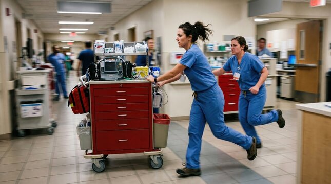 Female nurses in blue scrubs running down a hospital corridor pushing a red emergency crash cart with medical equipment under bright clinical lighting during a high-urgency code blue situation.