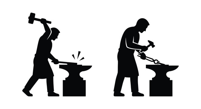black silhouette of a blacksmith working at an anvil with hammer and sparks silhouette