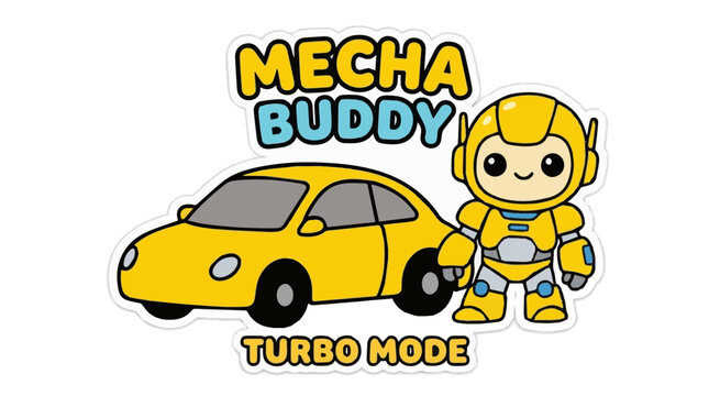 Mecha Buddy Turbo Mode Cute Robot Car Cartoon Mascot Vector Sticker Set