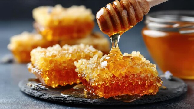 Golden honeycomb pieces drizzled with rich, viscous, natural liquid gold from a dipper, symbolizing pure sweetness, health, and organic goodness on a dark rustic surface