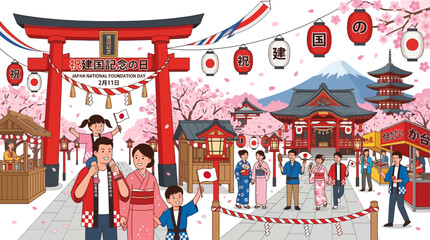 Fototapeta premium Vector illustration of happy families celebrating Japan National Foundation Day with traditional Japanese architecture, red and white decorations, cherry blossoms, and lanterns in a minimal