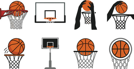 Basketball Hoop and Slam Dunk Collection Illustration with Nets, Backboards, and Sports Game Vector Elements Set © MdShakil
