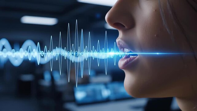Voice waveform emanating from a woman's mouth, illustrating speech technology and digital communication
