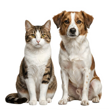 A cat and dog sitting together isolated on transparent background