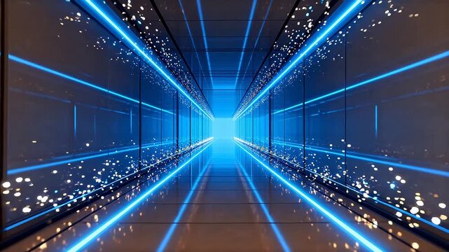 Blue neon lit corridor with reflections