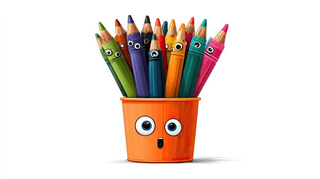 Crayons in an orange pencil pot with eyes and a mouth, cartoon-style vector illustration for a children's book