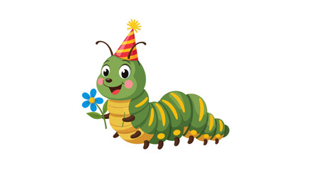 Fototapeta premium Cute Caterpillar Character Wearing Party Hat, Holding Blue Flower