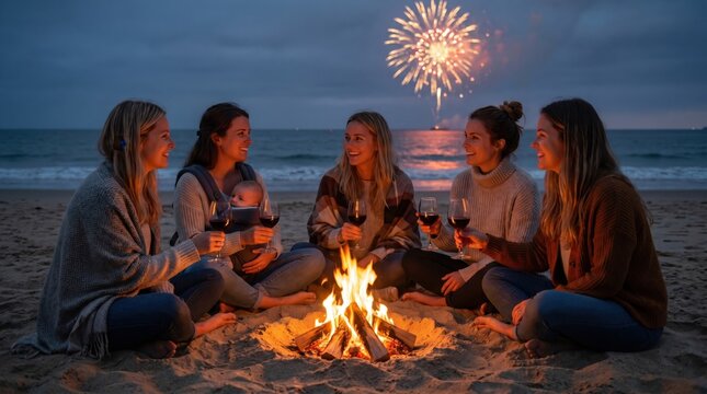 Happy female friends toast with red wine around a cozy beach campfire at dusk, enjoying a spectacular fireworks display over the ocean waves with warm firelight and a twilight glow.