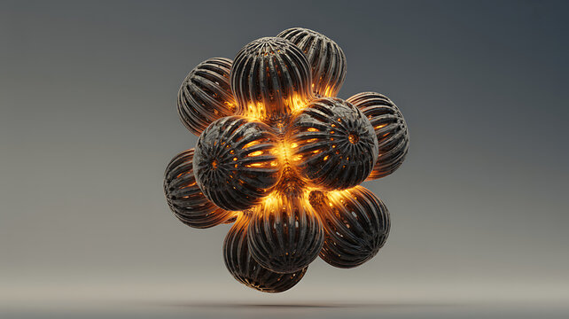 3D rendered fractal object with warm amber inner glow on neutral gray background. Complex organic mandelbulb structure with dark textured surface. Ideal for sci-fi and tech design. 