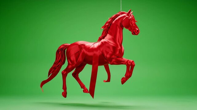 Green Screen Red Horse Statue Wrapped in Decorative Ribbons Hanging