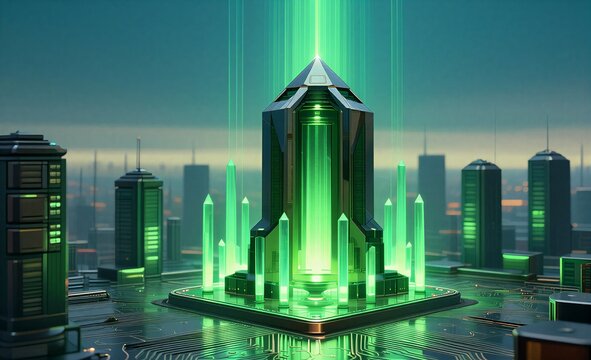 Futuristic green tower pulses energy surrounded by cityscape and