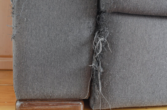 Worn sofa upholstery with torn seam and damaged fabric texture. Furniture repair and home wear concept