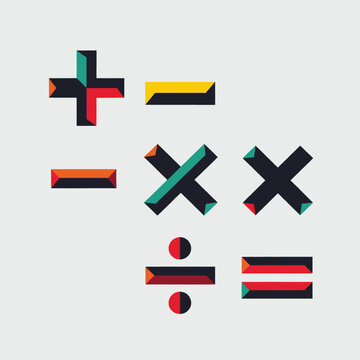 Colorful mathematical symbols including plus, minus, multiply, divide, and equals signs on a gray background.