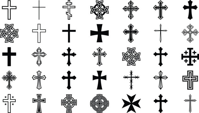 Comprehensive vector set of Christian cross icons featuring celtic orthodox maltese and gothic silhouettes with minimal line art designs