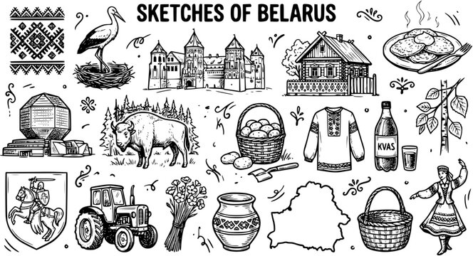 Hand-drawn Black and White Line Art Sketches of Belarus: Cultural Symbols, Travel Landmarks, Traditional Food  Animal Icons. Belarusian Heritage Vector.