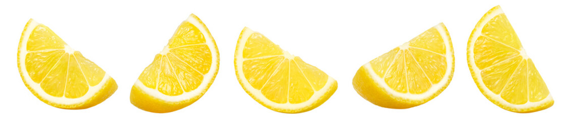Citrus fruit isolated on white background. Lemon slices set. Yellow lemon slice collection. Full depth of field. Clipping path.