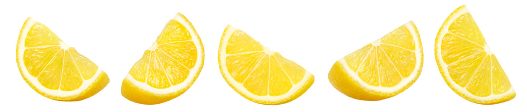 Citrus fruit isolated on white background. Lemon slices set. Yellow lemon slice collection. Full depth of field. Clipping path.