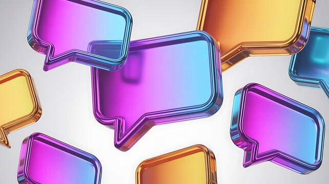 Set of 3D chat bubble icons, online communication and social message concept. Colorful gradient glass like icon, trending glass holographic icon, for graphic design, UI UX interfaces, 3d render illust