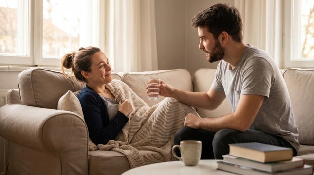 Compassionate young husband offering a glass of water to his sick wife wrapped in a warm blanket on a cozy living room sofa, soft natural lighting, family care and healthcare concept.
