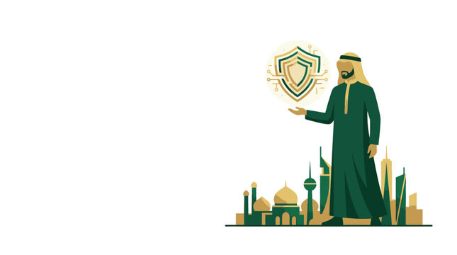 Man in traditional Saudi attire holding a digital shield icon representing cybersecurity, data protection, and secure networks with a city skyline in the background, conceptual illustration