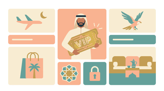 Middle eastern man holding vip ticket with falcon, airplane, shopping bag, geometric pattern, living room and lock icons, representing travel, luxury, and security