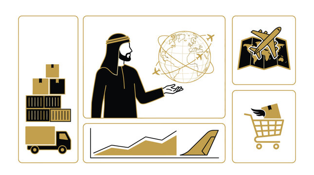 Middle eastern man in traditional attire presenting a global logistics network, connected to shipping, air travel, and data analysis, conceptual illustration