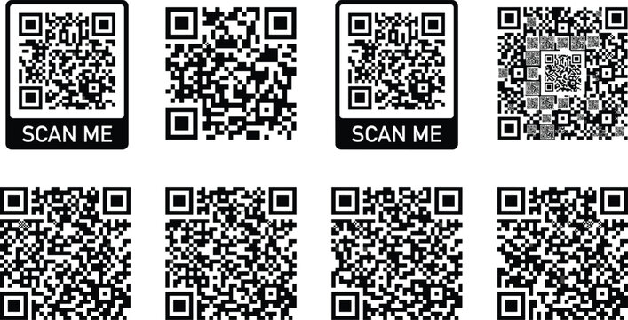 Professional QR code icon collection featuring standard matrix barcodes, frame designs, and scan me labels for digital marketing and quick response identification
