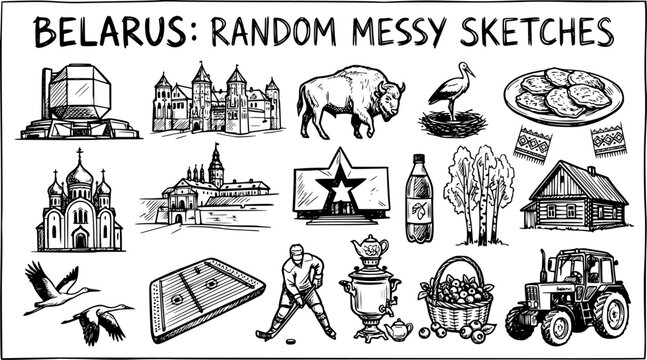 Hand-drawn Black and White Sketch Set of Belarusian Culture and Travel Icons: Landmarks, National Symbols, Traditional Objects, Food, and Nature