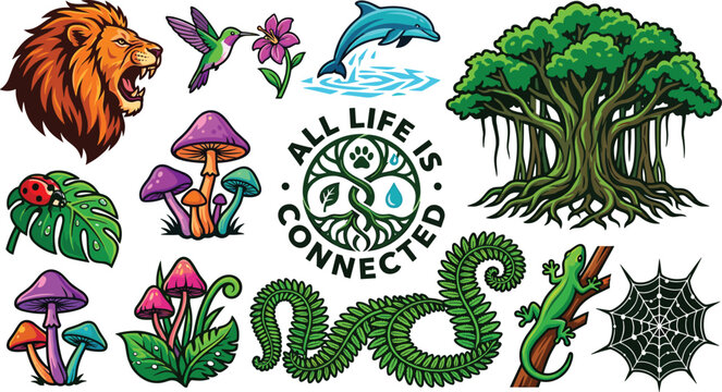 Biodiversity and nature vector collection with banyan tree roaring lion hummingbird dolphin mushrooms gecko and ladybug on monster leaf
