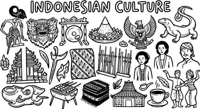 Indonesian Culture Black and White Line Art Doodle Collection. Icons and Symbols of Traditional Heritage, Travel, and Southeast Asian Identity.