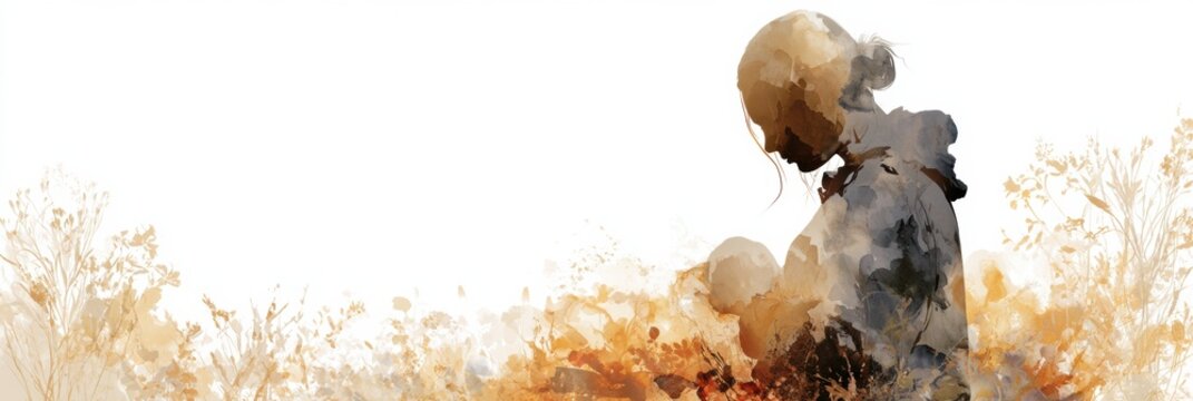 A mother breastfeeds her child in a warm colored space filled with botanical elements and an abstract silhouette. The background is mostly white.