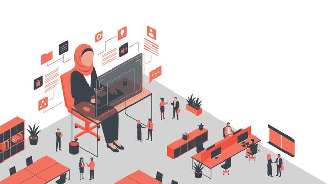 Pixel art illustration of a woman in hijab working at a computer in a modern office setting, surrounded by colleagues and digital data streams, representing technology and business