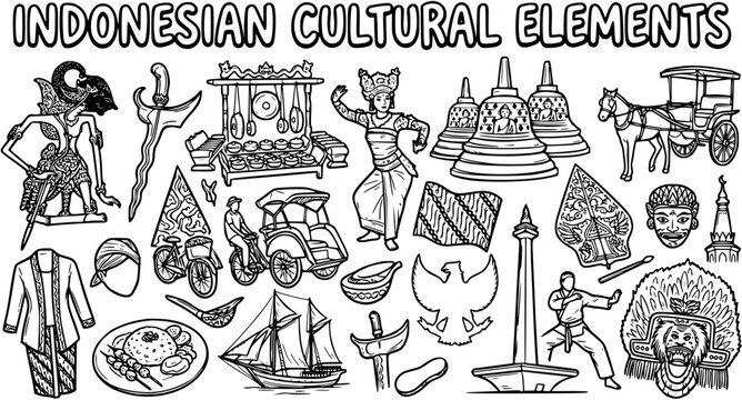 Indonesian Cultural Elements Black and White Line Art Vector Set. Hand-Drawn Doodle Collection of Traditional Symbols, Heritage, Travel, and Asian Culture Icons.