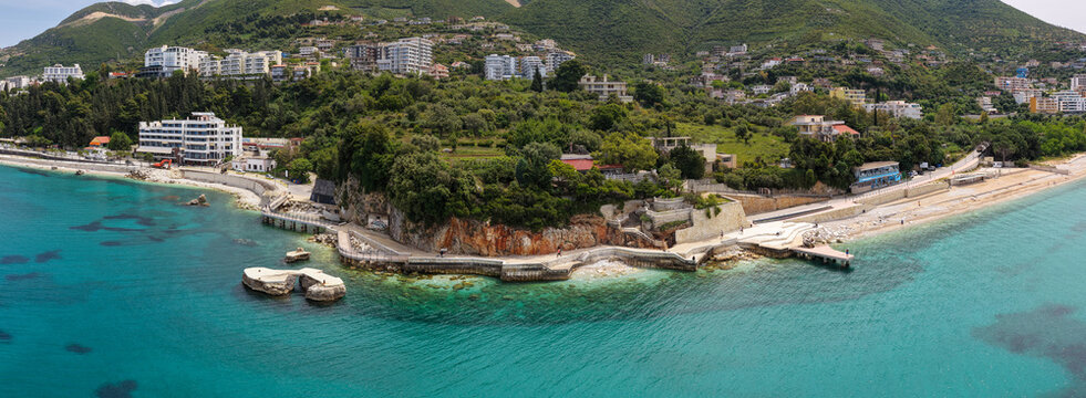 Panoramic Aerial Image of Vlora Coastline, Rocky Cliffs, Walkway and Turquoise Ionian Sea