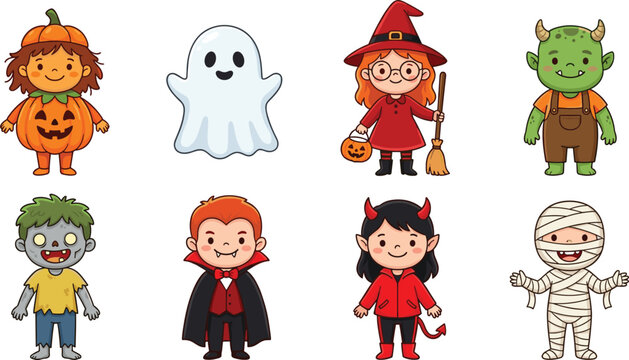 Cute Kawaii Halloween Kids Costume Cartoon Character Mascot Vector Set For Autumn Holiday Designs