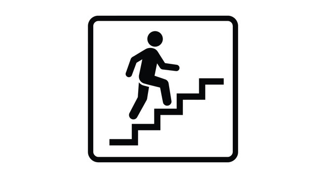 Running man climbing stairs sign black and white pictogram in a square frame silhouette