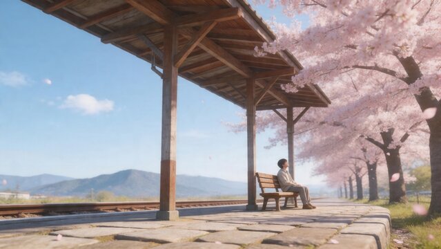Person sitting on bench under cherry blossom trees