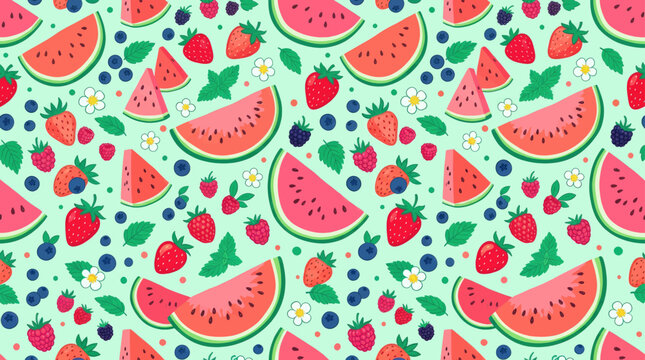 Vibrant summer fruit pattern with refreshing watermelon and juicy berries