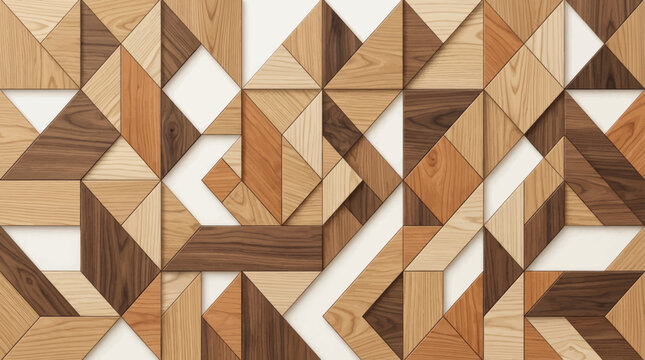 Geometric wood mosaic pattern with natural textures and warm tones, creating a modern, artistic backdrop.
