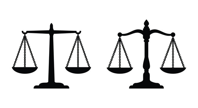 Two black scale of justice silhouettes with balanced pans on a white background silhouette