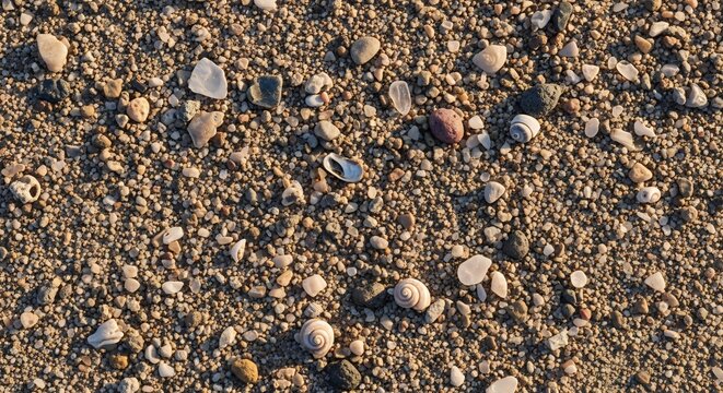 Textured Beach Surface: A Close-Up of Sand Pebbles and Shells.