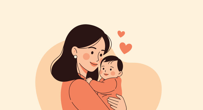 Loving mother smiles while holding her happy baby in her arms with floating heart shapes depicting maternal affection and care.