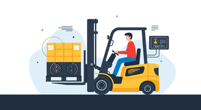 Warehouse worker drives a yellow forklift truck to move a pallet loaded with stacked yellow boxes in a logistics center.