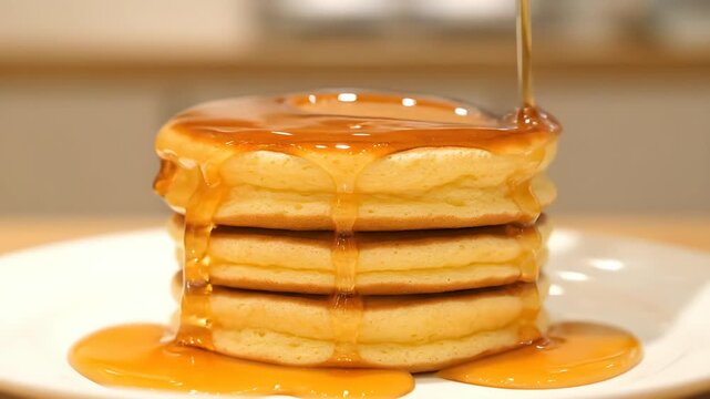 Pouring golden maple syrup over a stack of fluffy pancakes on a white plate, close-up shot.