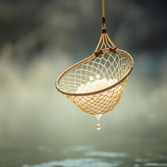 Obraz premium Ethereal net holds pearlescent catch, kissed by river mist, river, low angle