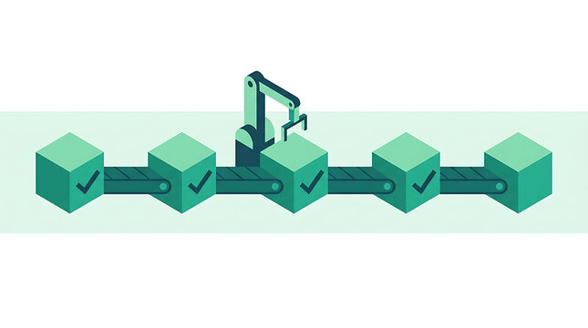 3D robotic arm assembling green blocks on conveyor in industrial automation setting