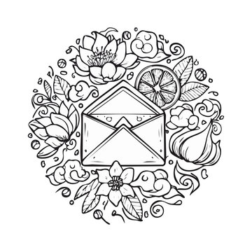 Elegant floral envelope design with blooming flowers, citrus, and swirling patterns