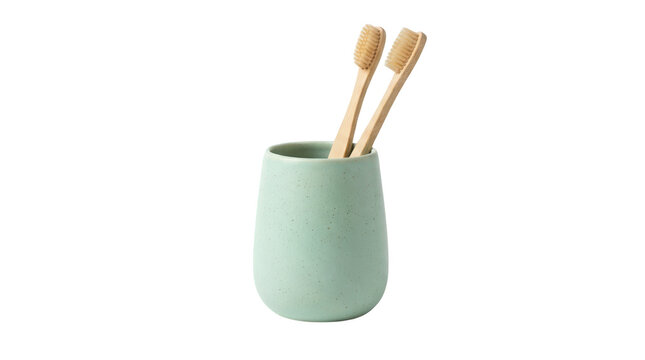 Eco-friendly bamboo toothbrushes in minimalist green holder modern bathroom setting high-quality image gigapixel high fidelity