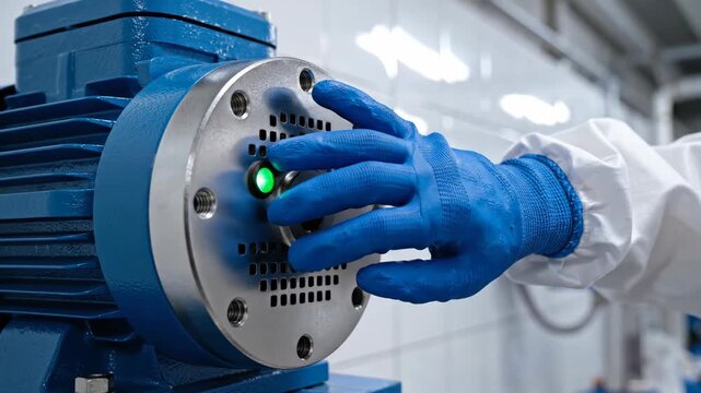 Worker in Cleanroom Suit and Blue Gloves Pressing Green Button on Blue Industrial Electric Motor